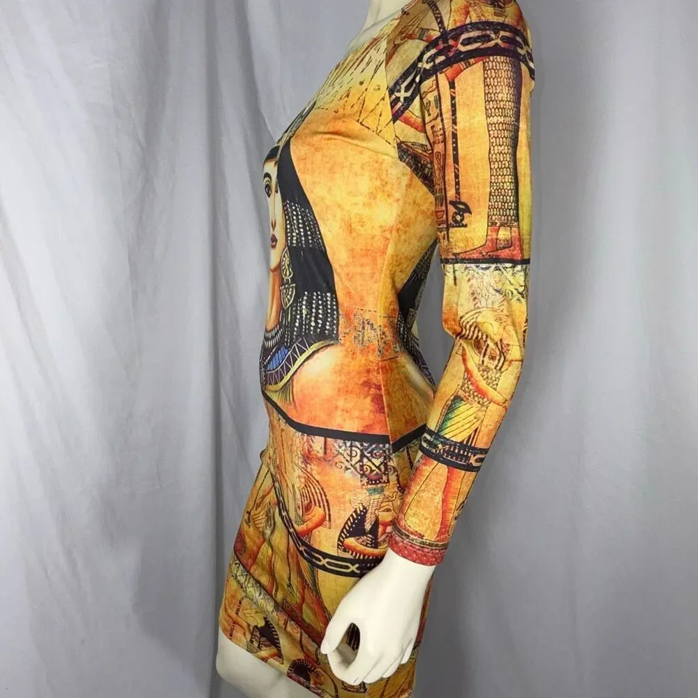 Cleopatra Egyptian Goddess Bodycon Dress | Good Time USA | Vintage Print Long Sl